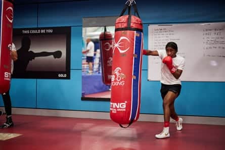 Cindy Ngamba works a heavy bag in Sheffield