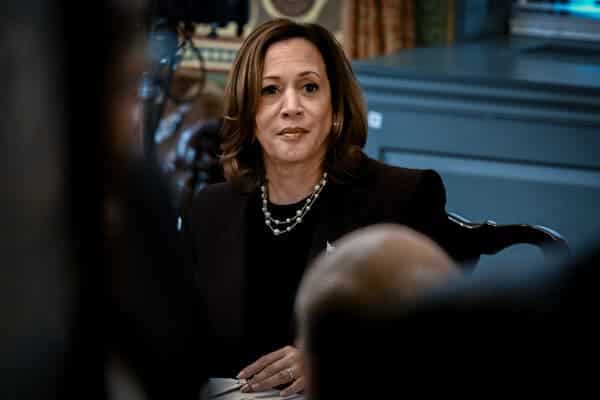 Kamala Harris seated during a meeting with Prime Minister Benjamin Netanyahu of Israel, not pictured. She is looking straight ahead, wearing a dark jacket.